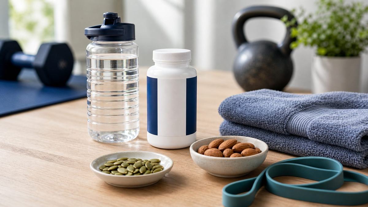 Magnesium glycinate for muscle recovery with water and magnesium-rich foods.