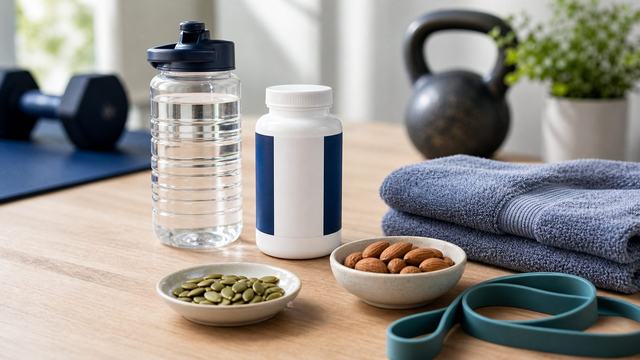 Magnesium glycinate for muscle recovery with water and magnesium-rich foods.