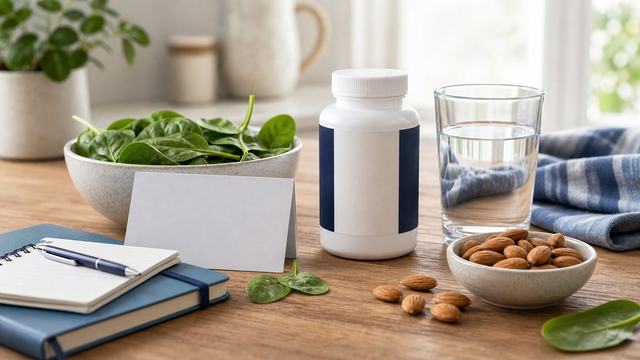 Magnesium glycinate supplement with magnesium-rich foods and water.