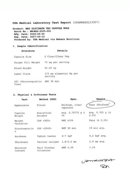 USA Medical Magnesium Glycinate laboratory test report page 1
