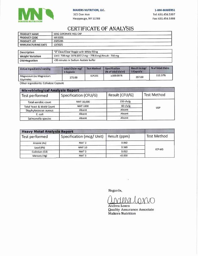 Makers Nutrition finished-product Certificate of Analysis for magnesium glycinate lot 2025285.