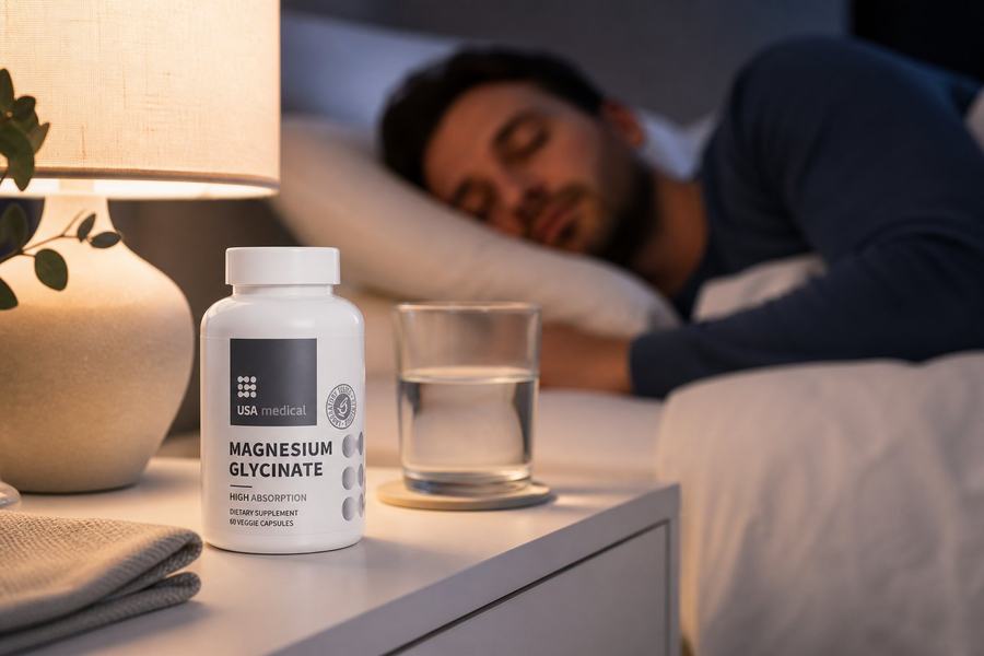 USA Medical Magnesium Glycinate bottle on a bedside table with water and a warm lamp
